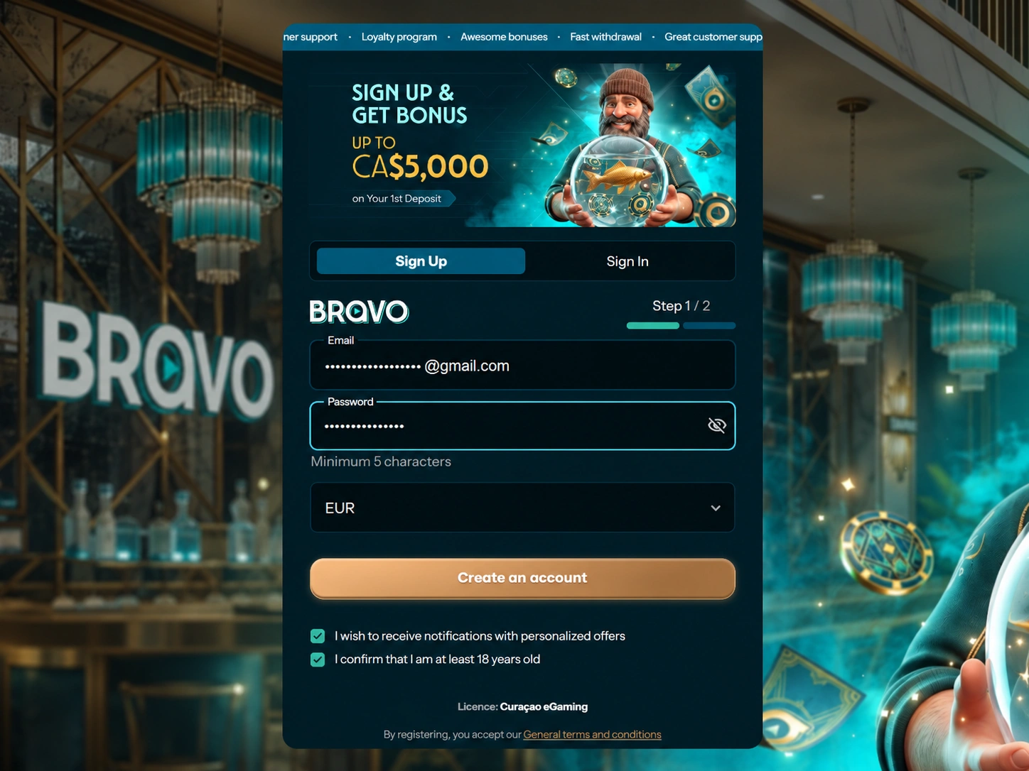 Registration screen displaying email and password fields, currency options and the account creation button