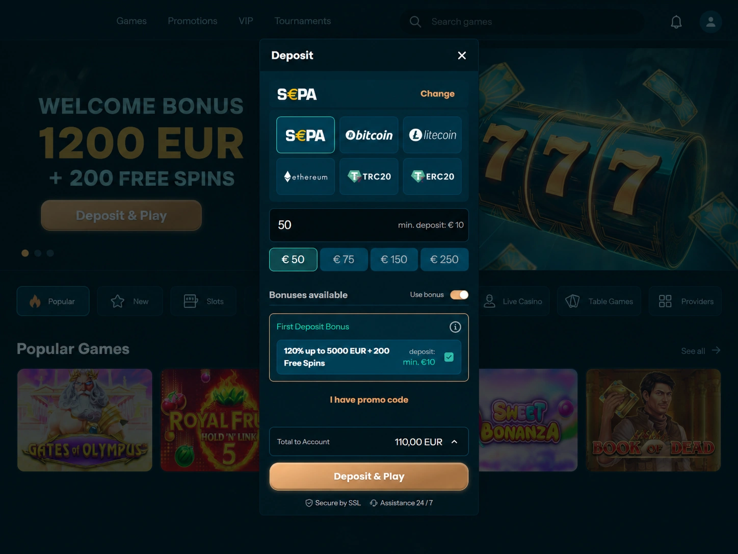 Deposit cashier screen displaying payment routes, deposit amounts, bonus toggle and confirmation button
